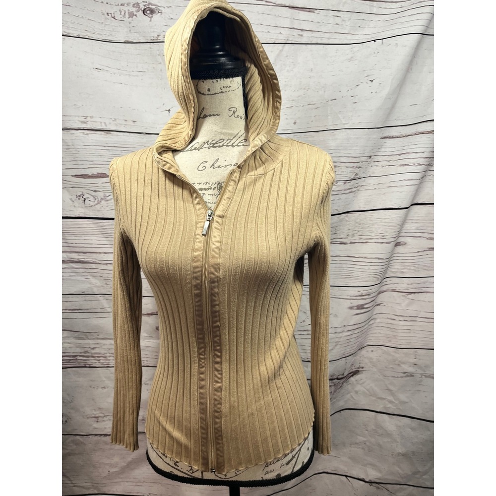 Willi Smith Womens Tan Ribbed Knit Full Zip Long Sleeve Hooded Sweater Size M‎